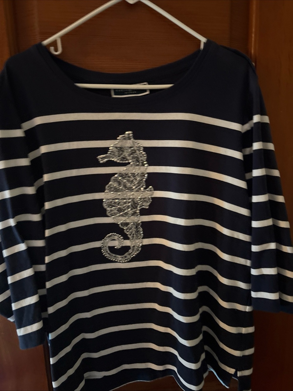 Karen Scott Navy and White Striped Long Sleeve Top with Silver Seahorse